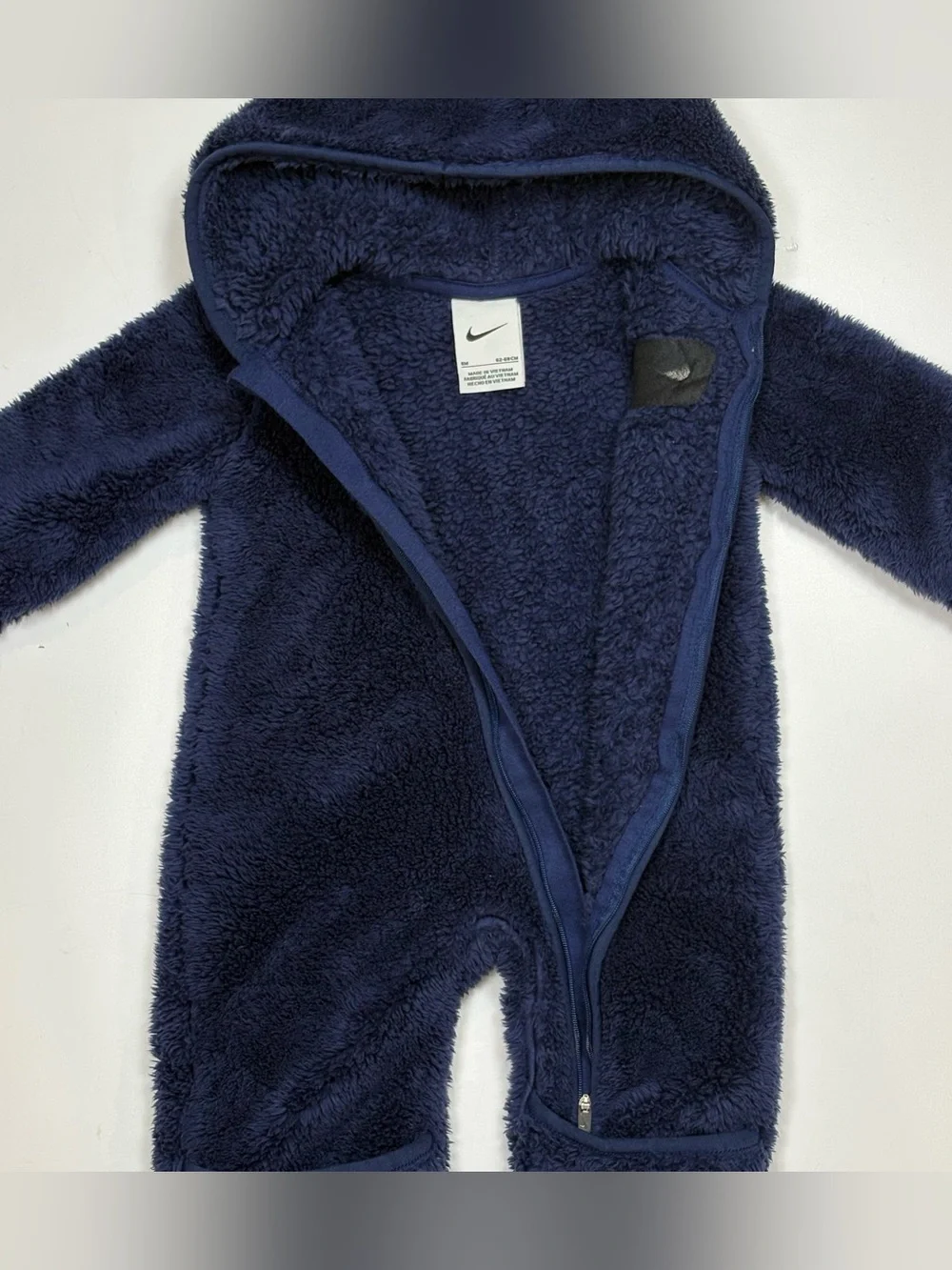 Nike Baby Sherpa Fleece Hooded Footed Coverall Navy Pram Suit Size 6m Unisex